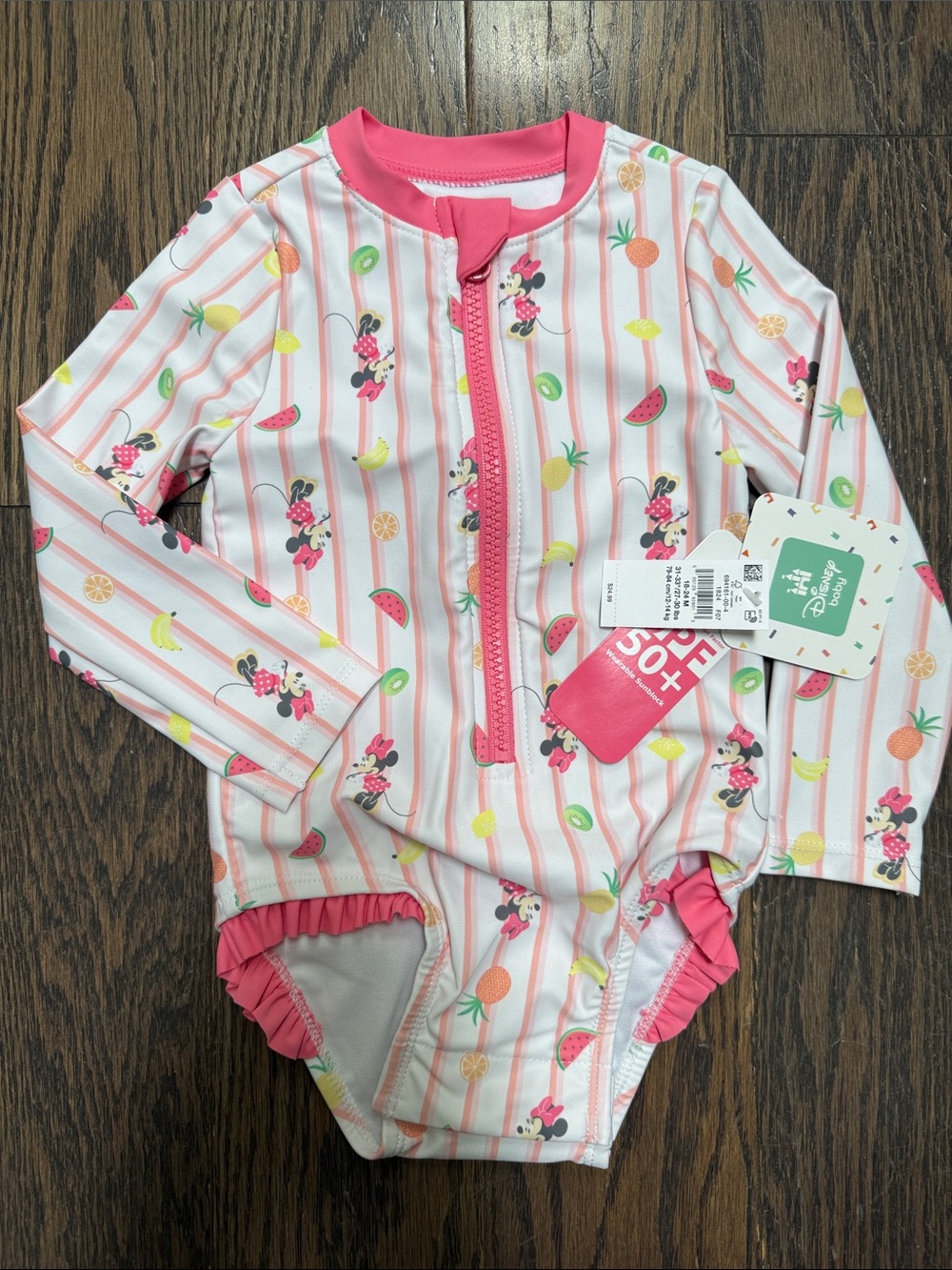 Old Navy Disney Pink and White Minnie Mouse Girls' Long-Sleeve Rashguard Swimsui